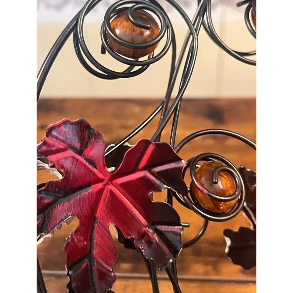 Metal Pumpkin Fall Decor Enameled Maple Leaves Amber Glass Accents